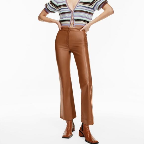 Aritzia Wilfred Adele Vegan Leather Pants in Cognac Brown Size 8 NWOT Kick Flare - Picture 1 of 10